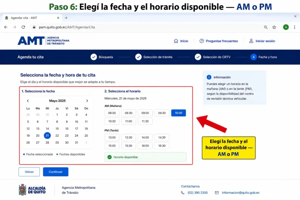 Elegí la fecha y el horario disponible — AM o PM