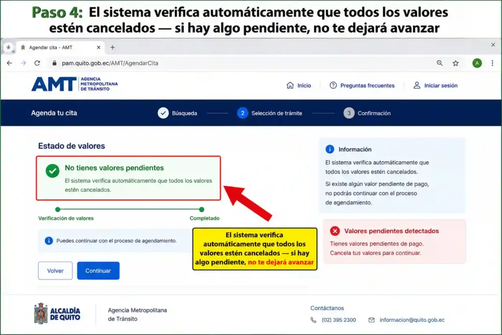 El sistema verifica automáticamente que todos los valores estén cancelados — si hay algo pendiente, no te dejará avanzar