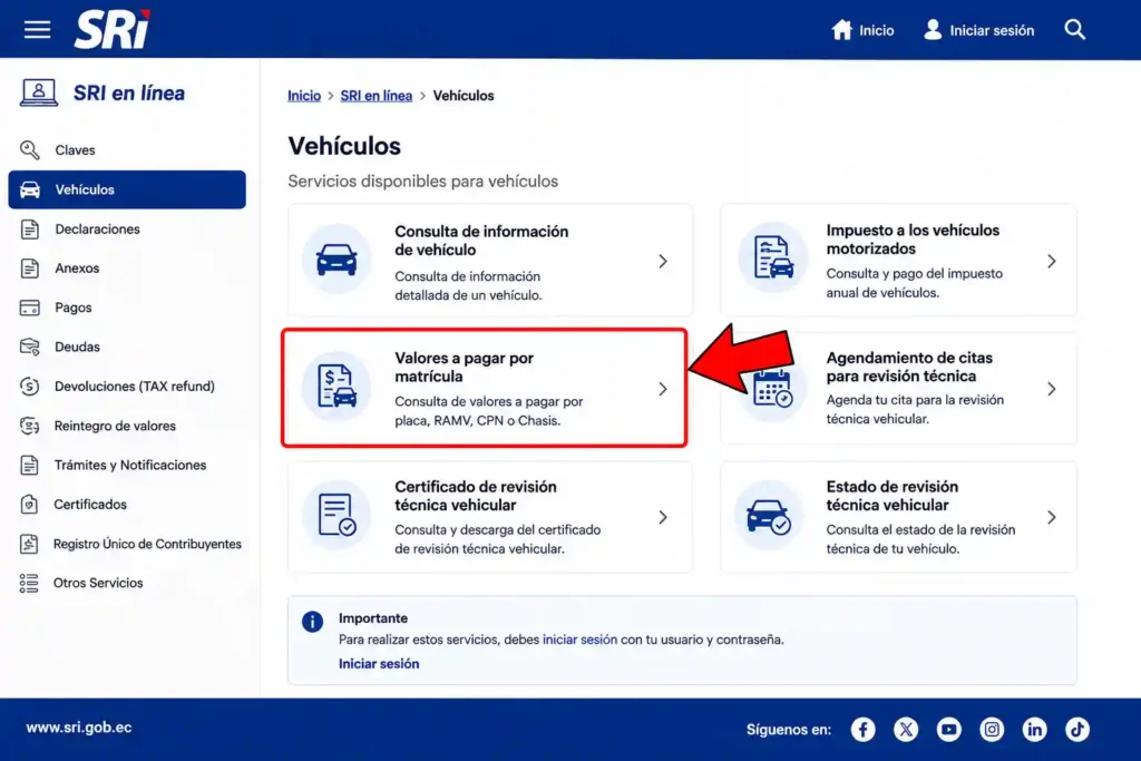 Elegí la opción Valores a pagar por matrícula
