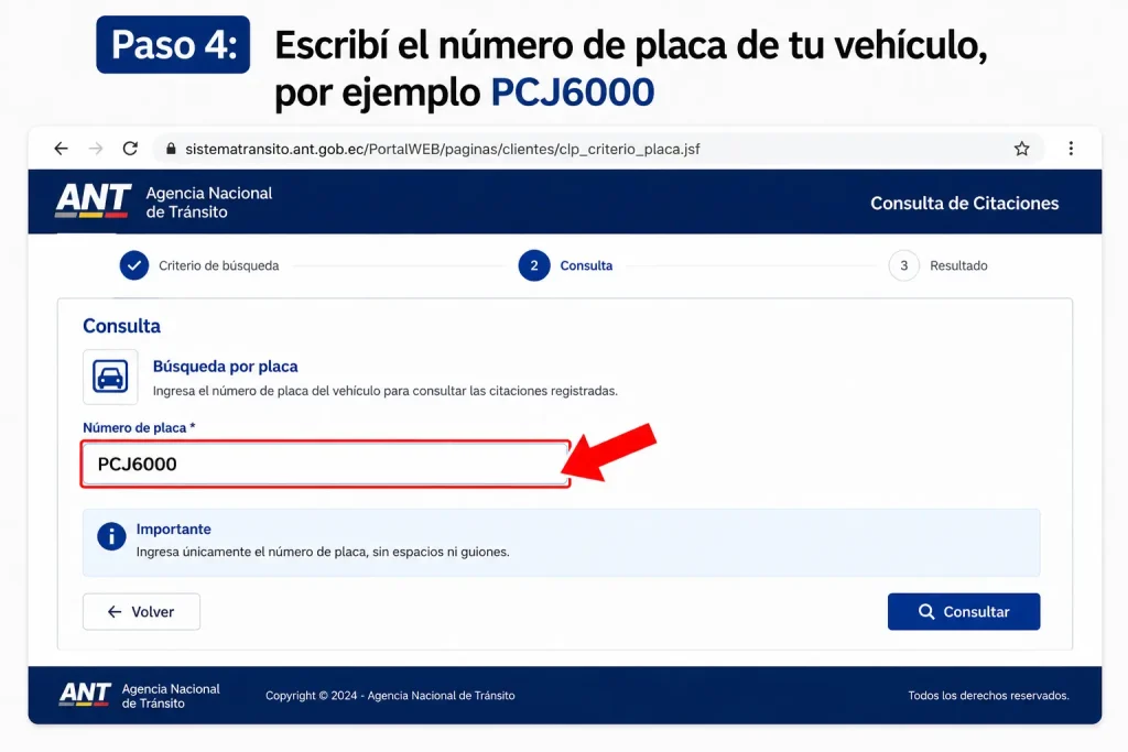 Escribí el número de placa de tu vehículo, por ejemplo PCJ6000 Escribí el número de placa de tu vehículo, por ejemplo PCJ6000