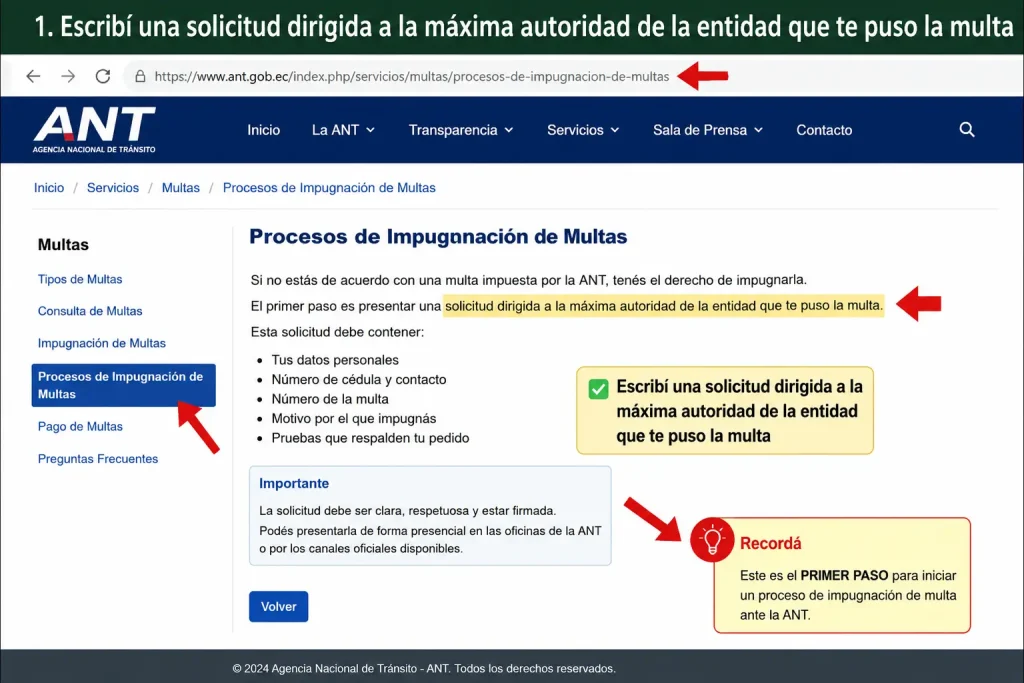 Escribí una solicitud dirigida a la máxima autoridad de la entidad que te puso la multa Escribí una solicitud dirigida a la máxima autoridad de la entidad que te puso la multa