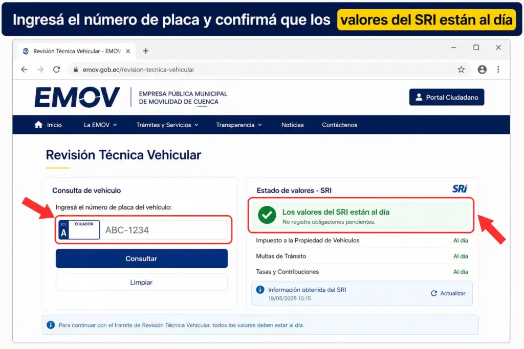 Ingresá el número de placa y confirmá que los valores del SRI están al día