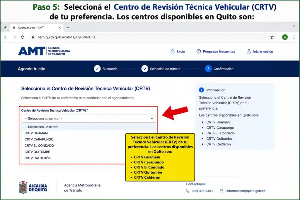 Seleccioná el Centro de Revisión Técnica Vehicular (CRTV) de tu preferencia. Los centros disponibles en Quito son:
