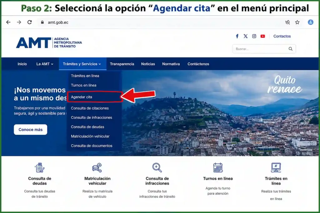 Seleccioná la opción Agendar cita en el menú principal