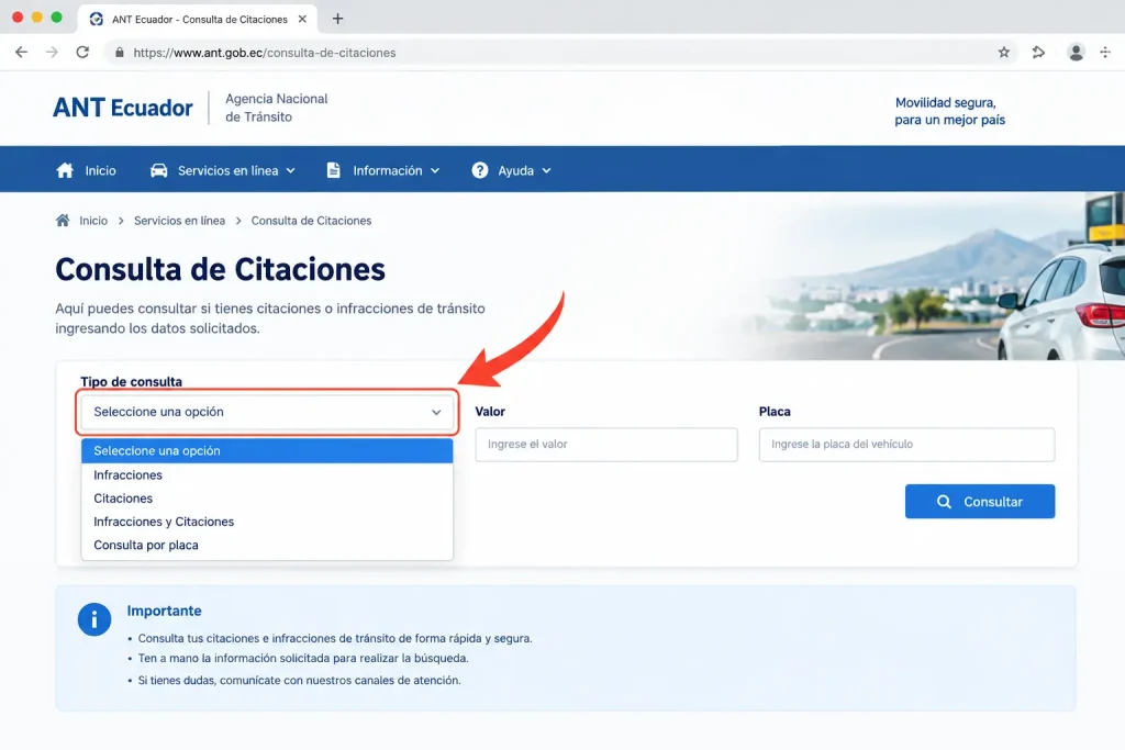 Qué es el Calendario de Matriculación Vehicular 2026 en Ecuador Abrí la opción de consulta de infracciones o citaciones.