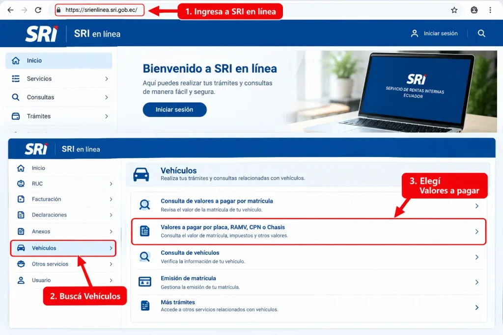 Buscá la sección Vehículos y elegí Valores a pagar por matrícula. Buscá la sección Vehículos y elegí Valores a pagar por matrícula.