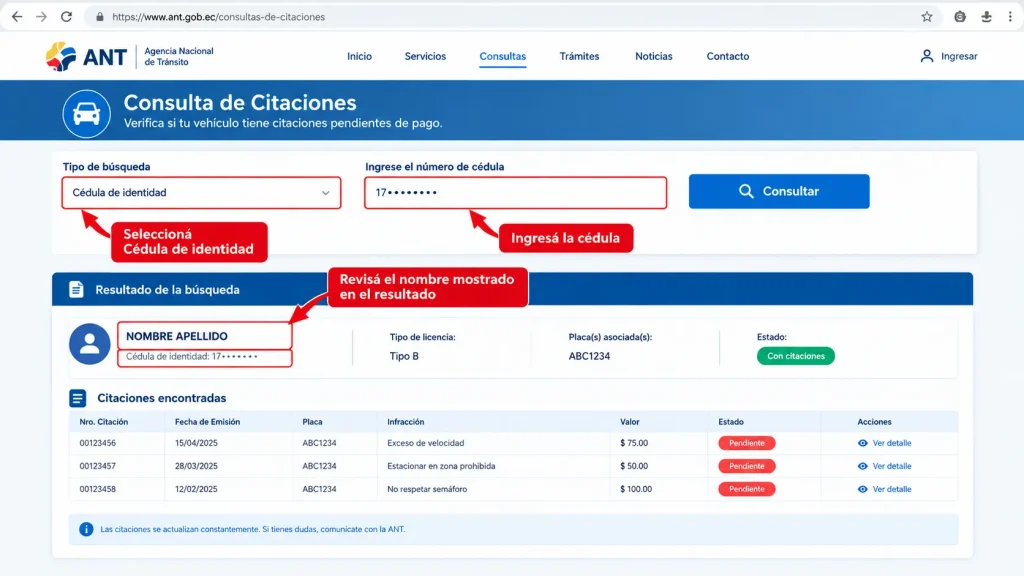 Copiá esa cédula, volvé a la consulta y ahora buscá por Cédula. Así llegás al nombre asociado. Copiá esa cédula, volvé a la consulta y ahora buscá por Cédula. Así llegás al nombre asociado.