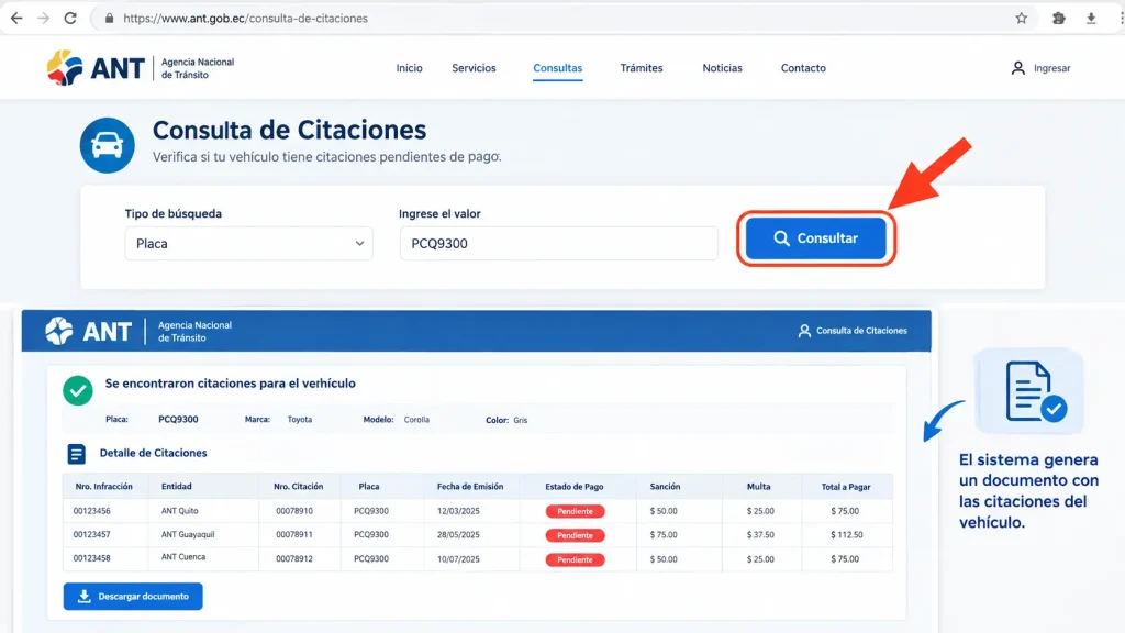 Hacé clic en Consultar. El sistema genera un documento con las citaciones del vehículo. Hacé clic en Consultar. El sistema genera un documento con las citaciones del vehículo.
